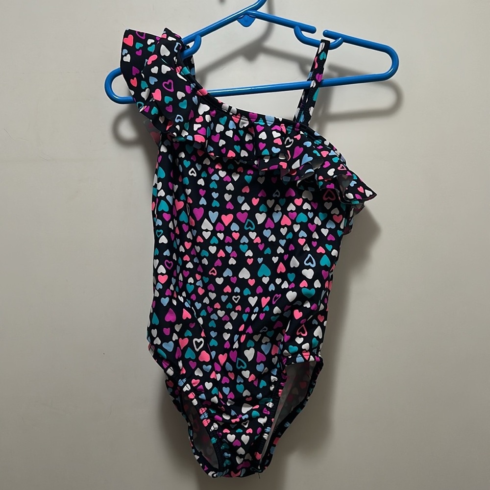 OshKosh B'gosh Colorful Heart Swimsuit Ruffled Shoulder Strap Size 5